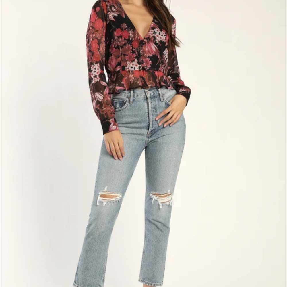 NWT Lulus Here to Wow Black Floral Button-Up Long Sleeve Crop Top